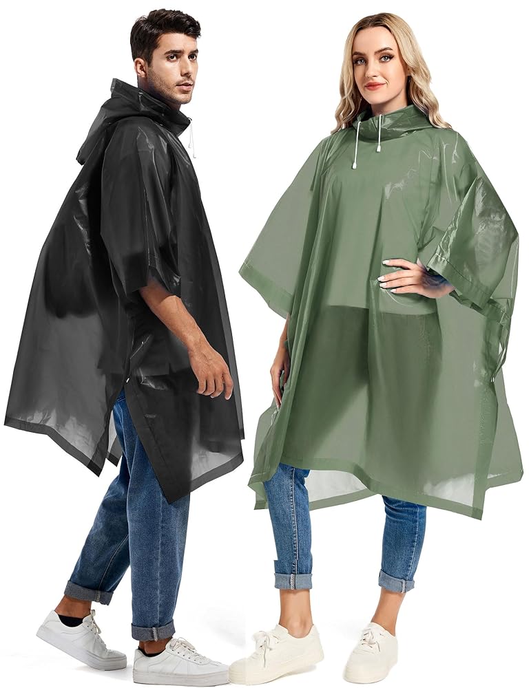 2 Pack Rain Ponchos for Adults Reusable - Raincoats Survival Emergency Heavy Duty Rain Coat with Drawstring Hood