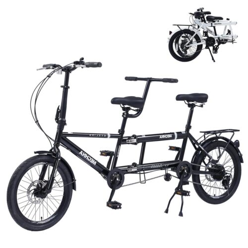 20” Foldable Tandem Bike - Adult Beach Cruiser Bike, 2 Seater Adjustable 7 Speeds Foldable Compact Bicycle for Family Travel and Couple Riding