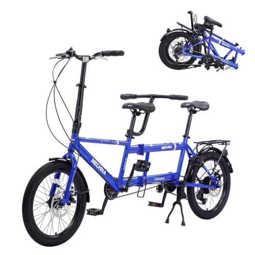 20” Foldable Tandem Bike for Adults - Beach Cruiser Bike, 2 Seater Adjustable 7 Speeds Foldable Compact Bicycle for Family Travel and Couple Riding