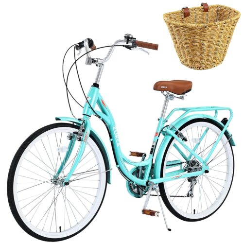 24/26 Inch Cruiser Bicycle with 7 Speed，Beach Cruiser Bike for Women，24”/26” Womans Bike Pink，Hybrid Cruiser Bike 7 Speeds Trek Hybrid Bike for Women,6 Colors