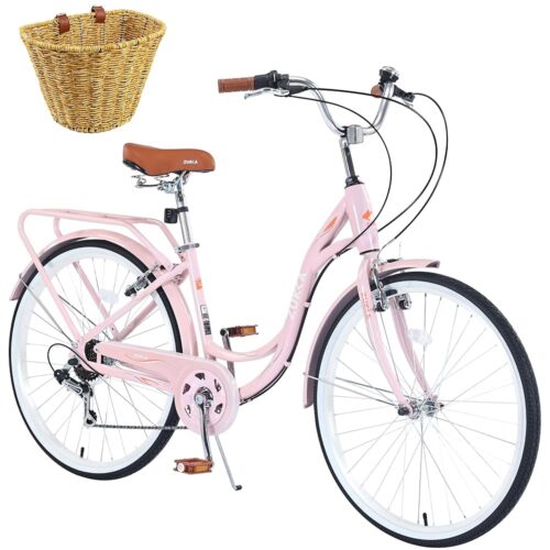 24/26 Inch Cruiser Bicycle with 7 Speed，Beach Cruiser Bike for Women，24”/26” Womans Bike Pink，Hybrid Cruiser Bike 7 Speeds Trek Hybrid Bike for Women,6 Colors