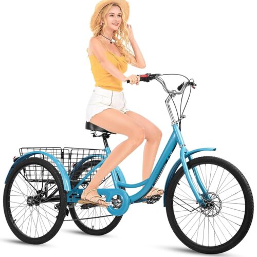 24 Inch Adult Tricycle,7 Speed Tricycle for Women Men Seniors,Three Wheel Bikes Max 330 lb with Dual Chain and Large Rear Basket,Comfort Adult Cruise Trike Atrovirens