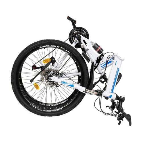 26" 21 Speed Mountain Folding Bike, Women Mens Carbon Steel Mountain Bike Full Suspension Double Disc Brakes Foldable Bicycle, 31.5-37.4in Adjustable Saddle Height, Blue & White