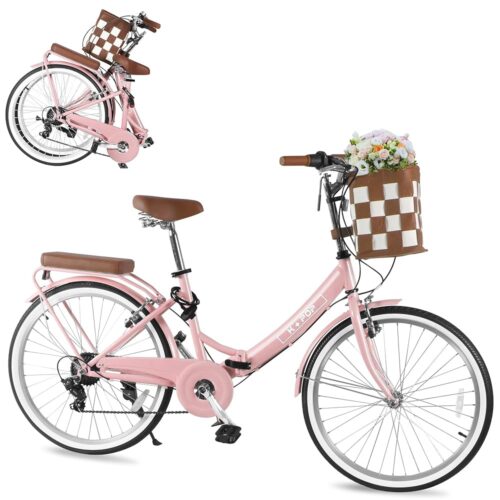 26-Inch Foldable Beach Cruiser Bike,Stylish Ladies' Bike with Front Basket,7-Speed,Classic Paint,Streamlined Design,Women's Folding Bike for Commuting,Fitness and Vacation