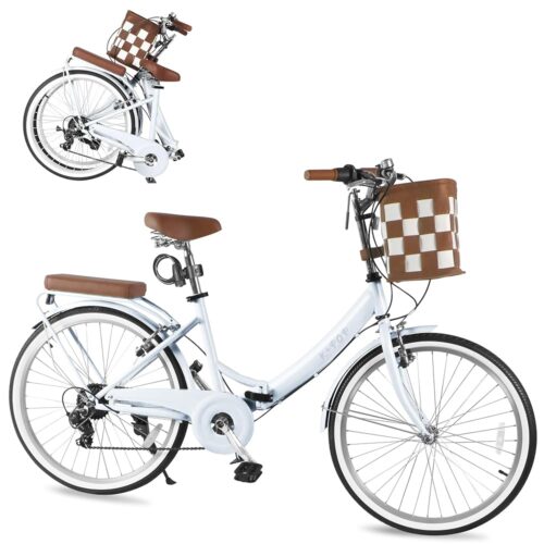 26-Inch Foldable Beach Cruiser Bike,Stylish Ladies' Bike with Front Basket,7-Speed,Classic Paint,Streamlined Design,Women's Folding Bike for Commuting,Fitness and Vacation