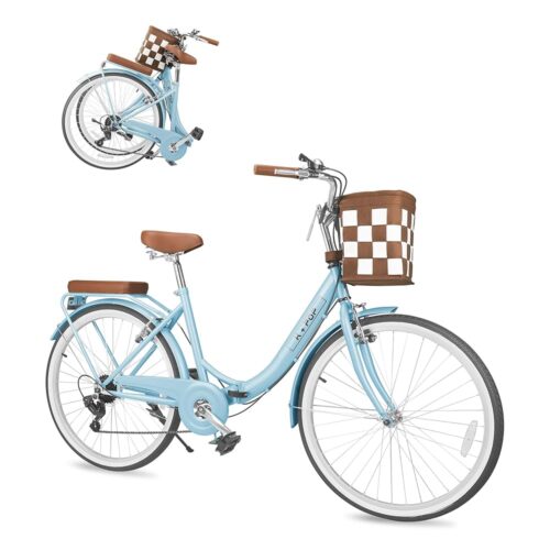 26-Inch Foldable Beach Cruiser Bike,Stylish Ladies' Bike with Front Basket,7-Speed,Classic Paint,Streamlined Design,Women's Folding Bike for Commuting,Fitness and Vacation