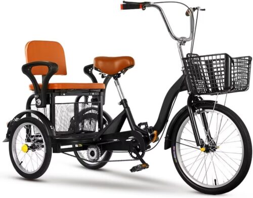 3 Wheels Bicycle with Rear Vegetable Basket,Comfortable Back seat with Lifted up armrest,Folding tricycles for Adult and Elderly,Tandem trikes for Hanging Out and Traveling