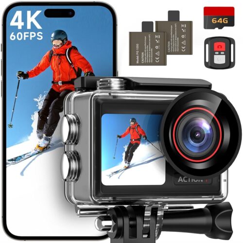 4K60FPS 30MP Action Camera with Front LCD and Touch Rear Screens, Underwater Camera with 64GB Memory Card, 132FT Waterproof Camera, EIS, 5X Zoom, WiFi Remote Control（Black）