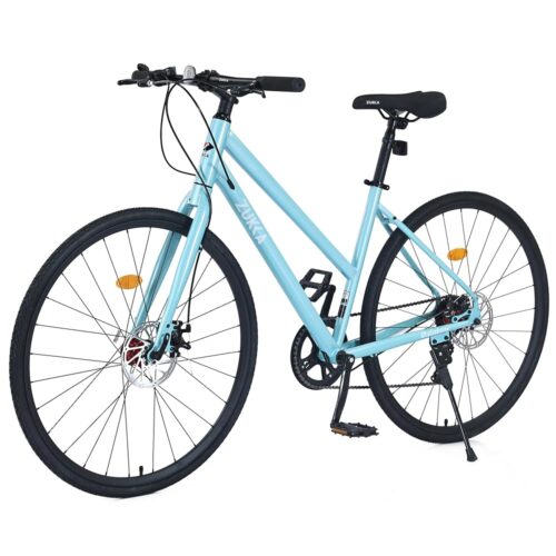 700C Road Hybrid Bike,Commuting Cycle for Women Female, 7 Speeds Steel Frame Disc Brakes City Bicycles, Multiple Colors