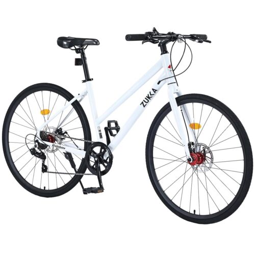 700C Road Hybrid Bike,Commuting Cycle for Women Female, 7 Speeds Steel Frame Disc Brakes City Bicycles, Multiple Colors