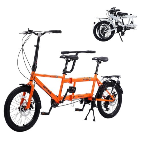 Adult Tandem Bike - City Tandem Folding Bicycle, Foldable Tandem Adult Beach Cruiser Bike with 7 Speeds, Adjustable 2-Seater Height - Sturdy and Durable