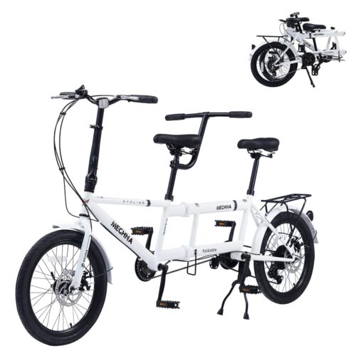 Adult Tandem Bike - City Tandem Folding Bicycle, Foldable Tandem Adult Beach Cruiser Bike with 7 Speeds, Adjustable 2-Seater Height - Sturdy and Durable