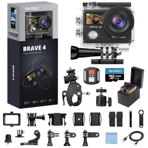 AKASO Brave 4 Action Camera 4K 30fps with 64GB MicroSD U3 Card Bicycle Helmet Accessories Kit Bundle, 20MP Ultra HD 131FT Waterproof Underwater Camera EIS WiFi Remote Control 5X...