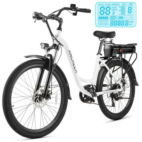 ANCHEER Electric Bike for Adults, 48V 500Wh EBike, UP to 60 Miles, Removable Battery, Fast-Charge, 26" Commuter Electric Bicycles, 7-Speed, LCD Digital Display, Suspension Fork,...