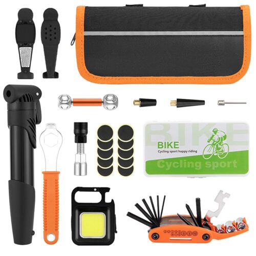 Bicycle Repair Bag With Tire Pump, Portable Tool Kit for Camping Travel - Patches, Inflator, Maintenance Essentials All in One Safety Kit + FREE Recargable LED Light, Black -...