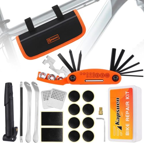 Bicycle Repair Kit with Tire Pump, Portable Tool Kit for Camping Travel-Patches, Inflator, Maintenance Essentials All in One Safety Kit