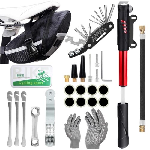 Bicycle Tire Repair Tool Kit & Bicycle Tire Pump, Home Bike Tool Portable Patches Fixes, Inflator, Maintenance for Camping Travel Essentials Tool Bag