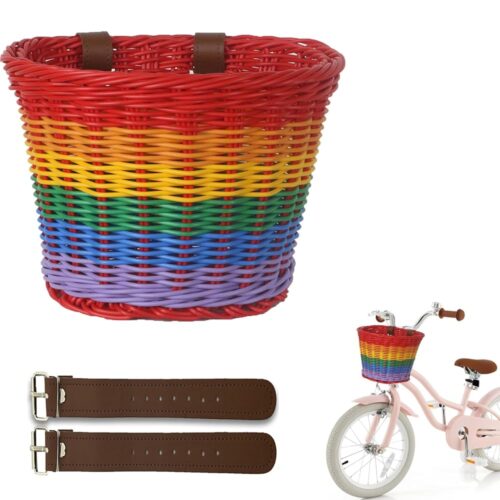 Bike Basket Kids Front,Premium Hand-Woven Rainbow Bicycle Basket,Cute Adults Boys Girls Bike Basket,Tricycle Cruiser Bikes & Folding Bike Basket