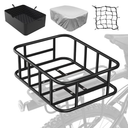 Bike Basket Rear Rack Bike Basket with Cargo Net and Liner Large Bicycle Basket Heavy Duty Bicycle Rear Basket with Liner Waterproof Cover Cargo Net