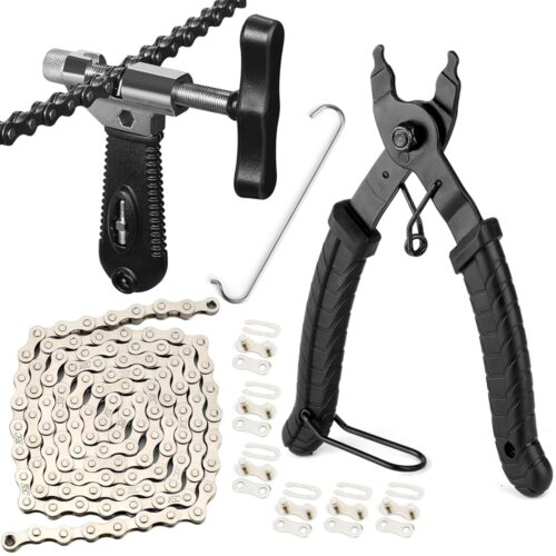 Bike Chain Repair Tool Kit with Single Speed Chain, Chain Breaker with Hook, Bike Link Plier and 6 Pairs Bicycle Buckle for Road Mountain Racing Cycling