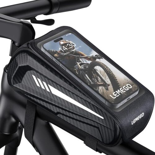 Bike Front Frame Bag EVA Waterproof Bike Phone Holder Bicycle Phone Mount Top Tube Bag Bike Accessories Cycling Pouch with Rain Cover Compatible Phones Under 6.7”