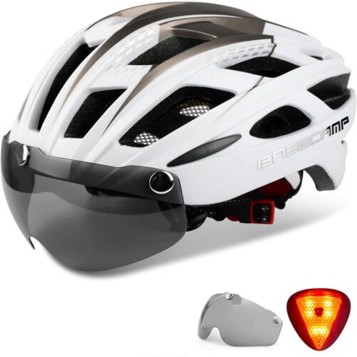 Bike Helmet, Basecamp Bicycle Helmet with Rear Light & Detachable Magnetic Goggles Lightweight Cycling Helmet Adjustable for Adult Men Women Mountain & Road (BC-069)