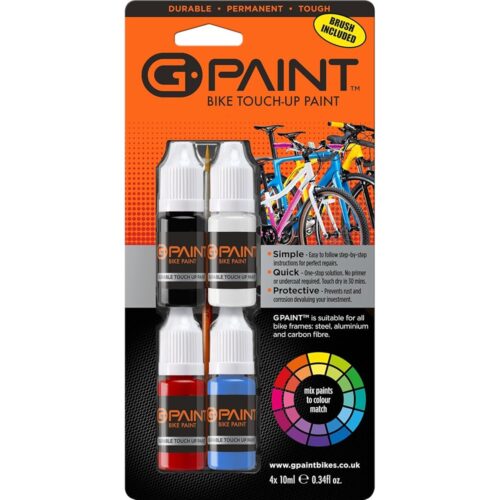 Bike Paint - Touch-Up Paint Kit for Scratched or Chipped Frames - 4 Pack of 10ml Bottles - Black/White/Red/Cyan. Mix to Color Match. Includes Applicator Brush, Durable,...