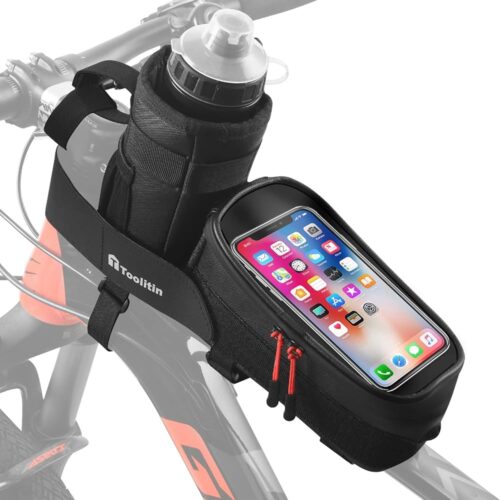 Bike Phone Frame Bag with Water Bottle Holder Bag, Removable Insulated Waterproof Bike Handlebar Bag, Bicycle Bottle Cup Bag for Mountain