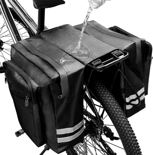 Bike Rear Rack Double Pannier Bag, 30L Waterproof Bicycle Trunk Bag, Bike Pannier Bag with Reflective Trim, for Grocery Shopping Commuter Long Cycling Trip (Black)