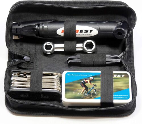 Bike Repair Bag & Bicycle Tire Pump, Tire Puncture Repair Kit, Bike Multi Tool Set, Maintain Bike Repair Tool Kit Portable Bike Bag. Safety Emergency All in One Bike Tool for...