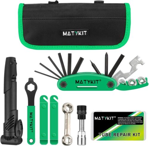 Bike Repair Kit with Tools Bag + Bicycle Pump + Bike Multitool + Crank Extractor and Wrench + Bone Wrench + Tire Lever + Bike Glueless Patches Set