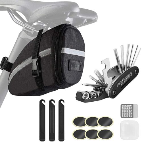 Bike Saddle Bag with Repair Tool Kits, Bicycle Saddle Bag with Repair Set, Bike Bag Under Seat, Bike Seat Bag, Bike Storage Bag with 16-in-1 Multifunction Tool Kits