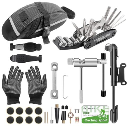 Bike Tire Repair Kit Bike Pump Bike bag 16 in 1 tool 100 Psi Mini pump Multi-function glove Tire Pry bar Chain breaker Mountain/road bike repair Kit