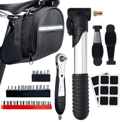 Bike Tool Kit, Bike Repair Kit Mini Ratchet Wrench with 26 Bits, Bike Saddle Bag, Pump, Tire Lever Patches Bicycle Multitool Accessories Screwdriver Set for Adult Bikes Road...