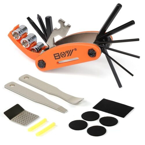 Bike Tool Kit Set, Portable Bike Repair Kit include 16 in 1 Multi Tool, 2 iron Tire Levers and 5 Pre-glued Patch Tire Patch, Metal Files, All in One Mini Tool Bag