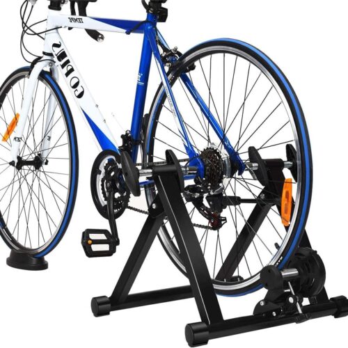 Bike Trainer Stand, Stationary Bike Stand for Indoor Riding, Steel Bicycle Exercise Magnetic Stand for 26-28” Wheels with Front Wheel Riser, Quick Release Folding Exercise Bike...