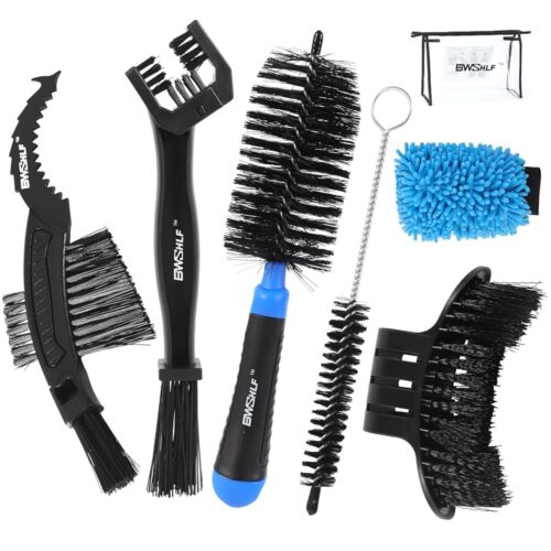 BWSHLF Bike Cleaning Kit (6 Pcs) with 1 Storage Bag, 5 Brushes for Tires, Chain, Sprockets, Cranks, Hubs, and Spokes, 1 Cleaning Mitt for Frame, Saddle, Clean Tools for...