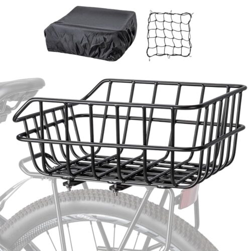 CXWXC Rear Bike Basket - Bicycle Rear Basket with Cargo Net and Waterproof Cover - Rear Mount Aluminium Bike Basket Large Capacity