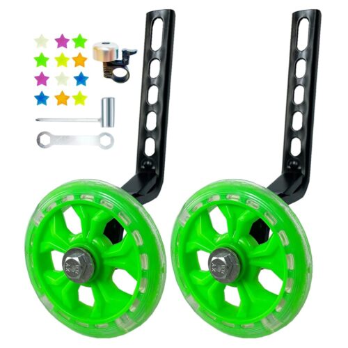 DDJKCZ Bike Training Wheels Flash Mute Big Wheel Compatible for 12 14 16 18 20 inch Single Speed Bicycle (green)