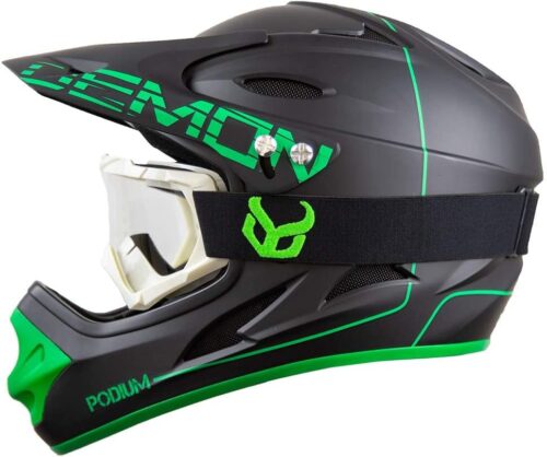 Demon United Podium Black/Green Full Face Mountain Bike Helmet- BMX Helmet- with Demon Viper MTB Goggles- 3 Goggle Color Options Available
