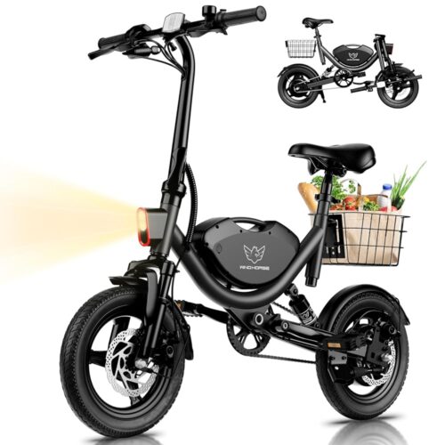 Electric Bike with Basket, 14" Folding Ebike 22 MPH, 35 Miles Range, Dual Suspension, 715W Peak Brushless Motor with 30° Uphill, Adjustable Seat, Commuter Electric Bicycle for...