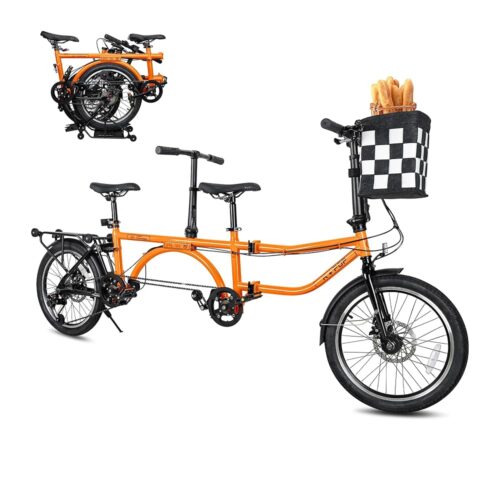 Folding Adult Tandem Bike - City Tandem Folding Bicycle with Basket, Foldable Tandem Adult Beach Cruiser Bike with 7 Speeds 20inch Wheel, Adjustable 2-Seater Height