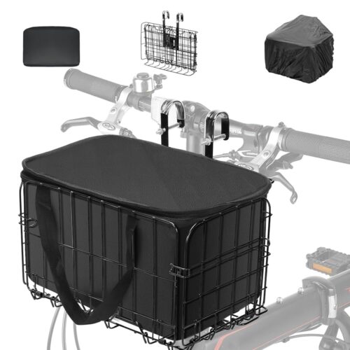 Folding Bike Basket, Metal Rear Bicycle Basket with PU Liner Bag and Waterproof Cover, Quick Release Design Bicycle Frame Basket for Mountain Bike Men and Women Bicycle