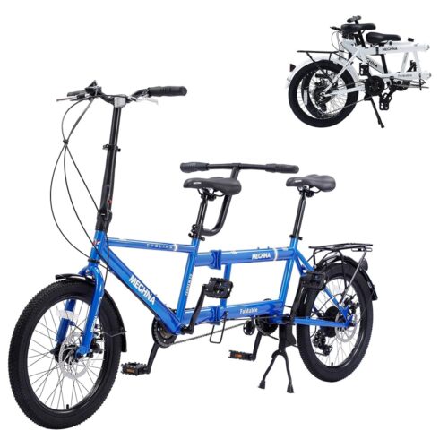 Folding Dual Drive Tandem Bike, Adult Beach Cruiser Double Bike, 20-Inch Wheels, 7 Speed, Dual Disc Brakes,3 Setas Bicycle for Women Men Senior Couple, Multi Colors