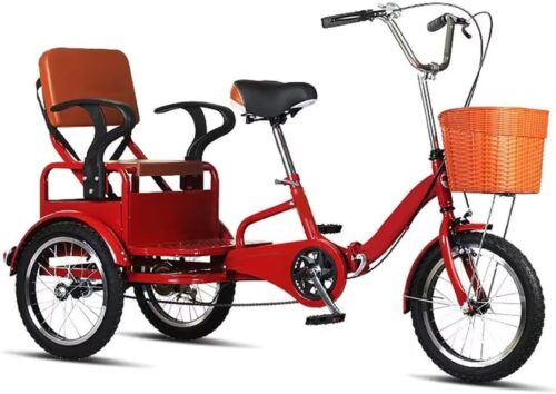 Folding Elderly Tricycle,Adult Rickshaw Pedal Tricycle,Leisure Vehicle,16inch Tandem Trike with Rear seat,Sensitive Dual Brakes,Scooter Bike (Red 16 in)