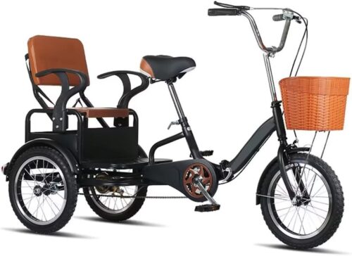 Folding Elderly Tricycle,Adult Rickshaw Pedal Tricycle,Leisure Vehicle,16inch Tandem Trike with Rear seat,Sensitive Dual Brakes,Scooter Bike (Black 16 in)