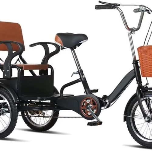 Folding Elderly Tricycle,Adult Rickshaw Pedal Tricycle,Leisure Vehicle,16inch Tandem Trike with Rear seat,Sensitive Dual Brakes,Scooter Bike (Black 16 in)