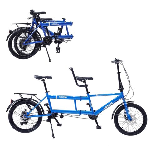 Folding Tandem Bike, Adult Beach Cruiser Double Bike, 20-inch Wheels, 7 Speeds, Dual Disc Brakes, 3 Seats Bicycle for Couples Families Outdoor Cycling, Multi Colors