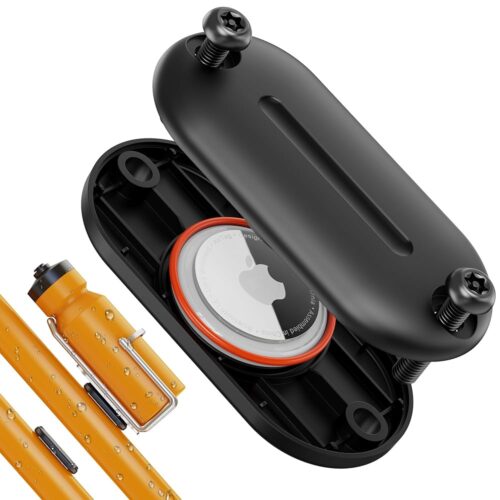 for Airtag Bike Mount, Waterproof Bike GPS Tracker Case for Air Tag, Hidden Under Bottle Cage or Alone, Extended M5 Black Safety Screws with Driver (1 Pack-Black)