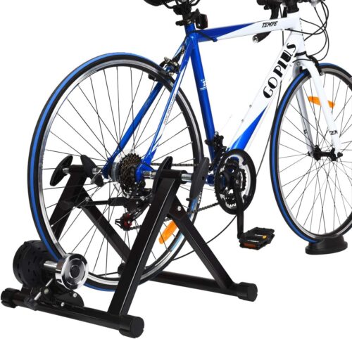 Goplus Bike Trainers for Indoor Riding, Folding Stationary Bike Stand with Magnetic Flywheel for Bicycle Cycling Training, 26’’ - 28’’ Wheels Road & Mountain Bikes